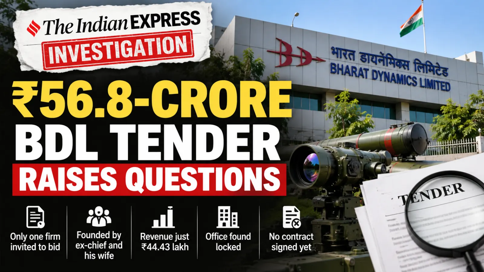 Bharat Dynamics Limited faces questions over a ₹56.8-crore single tender for missile optical sights linked to a former chairman's family firm.