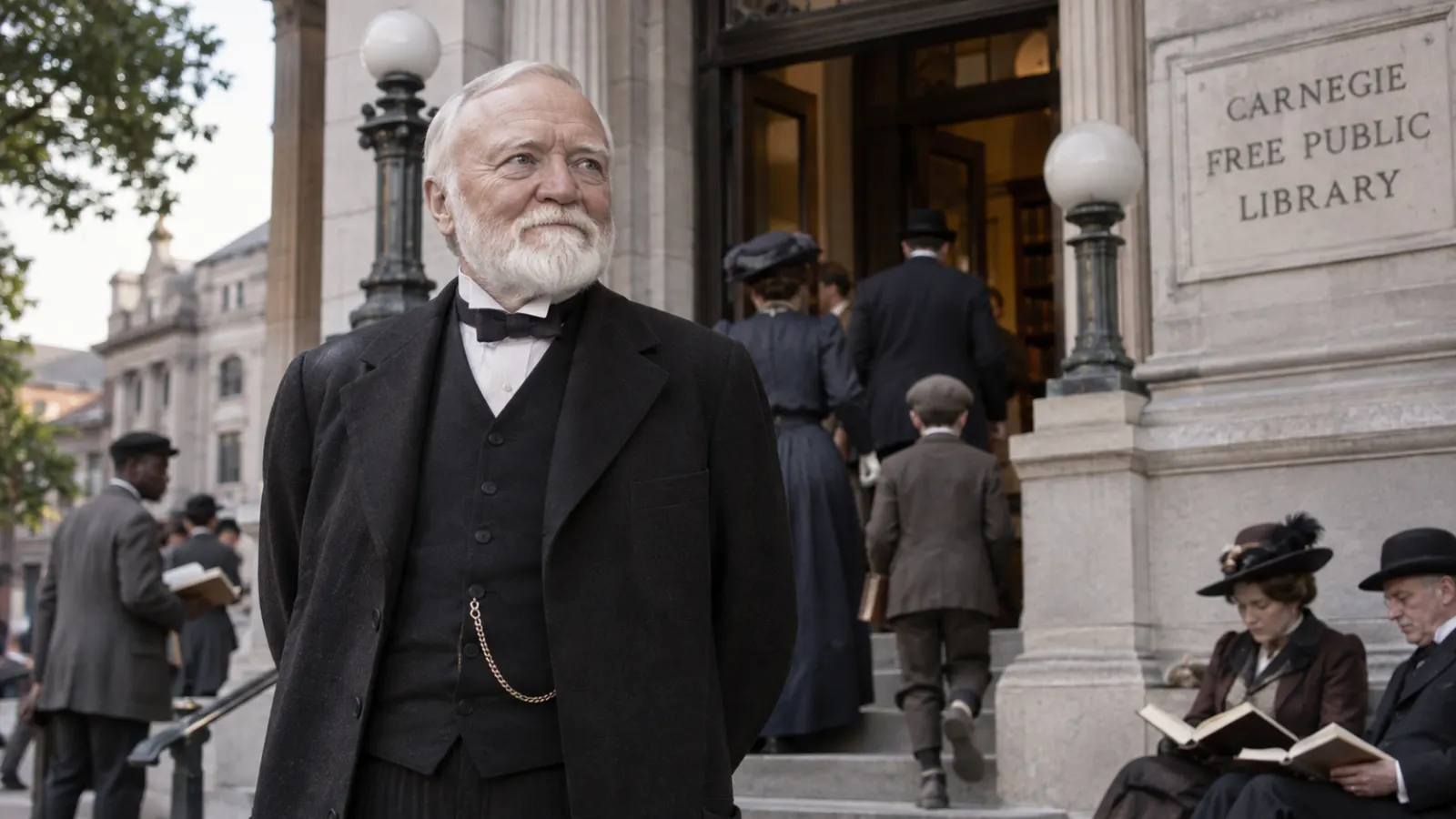 Andrew Carnegie with a Carnegie library and late nineteenth-century steel industry context