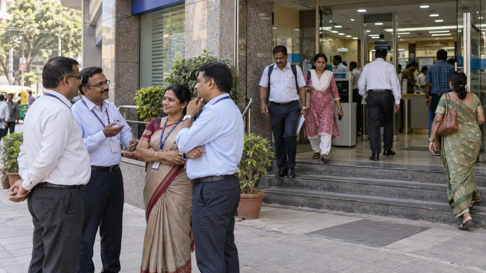 Bank employees gather outside an open branch after a proposed nationwide strike was deferred following talks over a five-day banking week.