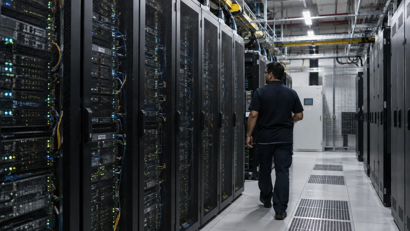 Server racks and cooling infrastructure inside a modern data centre that supports internet services.
