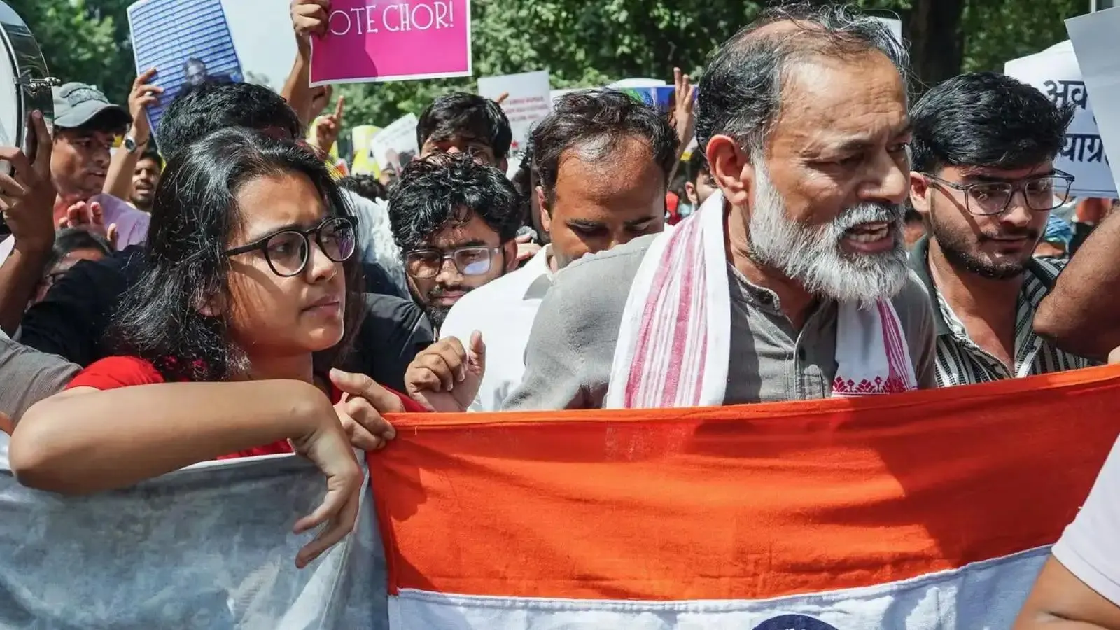 Protesters and police near Dilli Haat and Safdarjung during the CJP protest in Delhi on October 10, 2026.