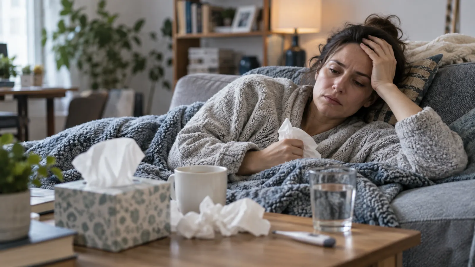 Two people experiencing different patterns of respiratory illness, one mild and nasal and one more systemic