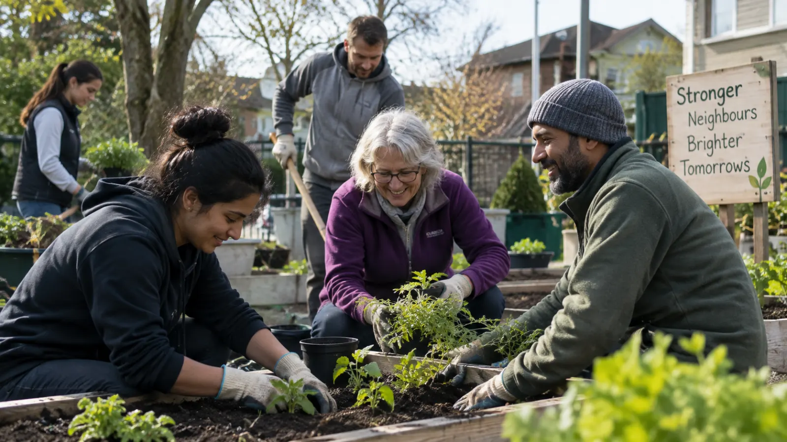 Residents working together on a practical community project in a shared neighbourhood space.