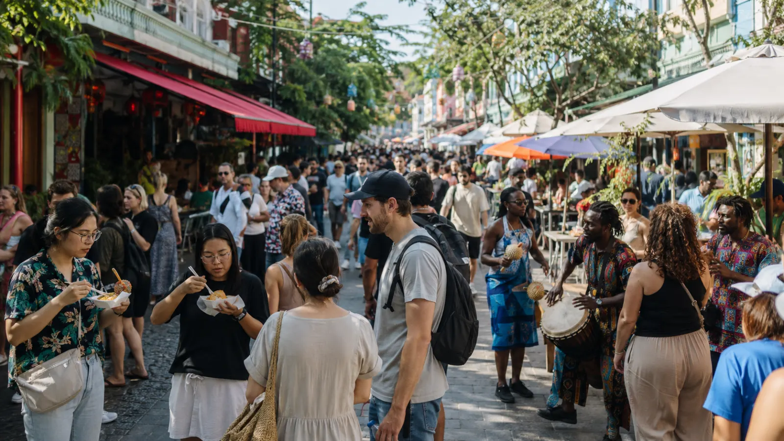 People in a multicultural market where local traditions and global cultural influences mix.