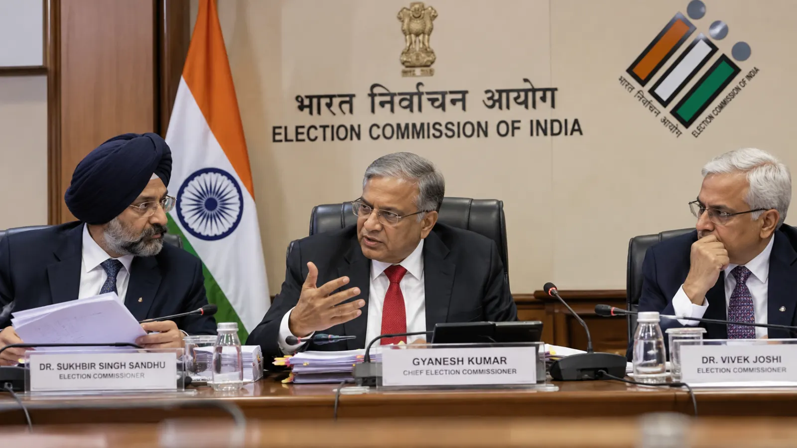 Three Election Commission officials hold a formal discussion, representing internal disagreement over electoral-roll decisions and ECI procedure.