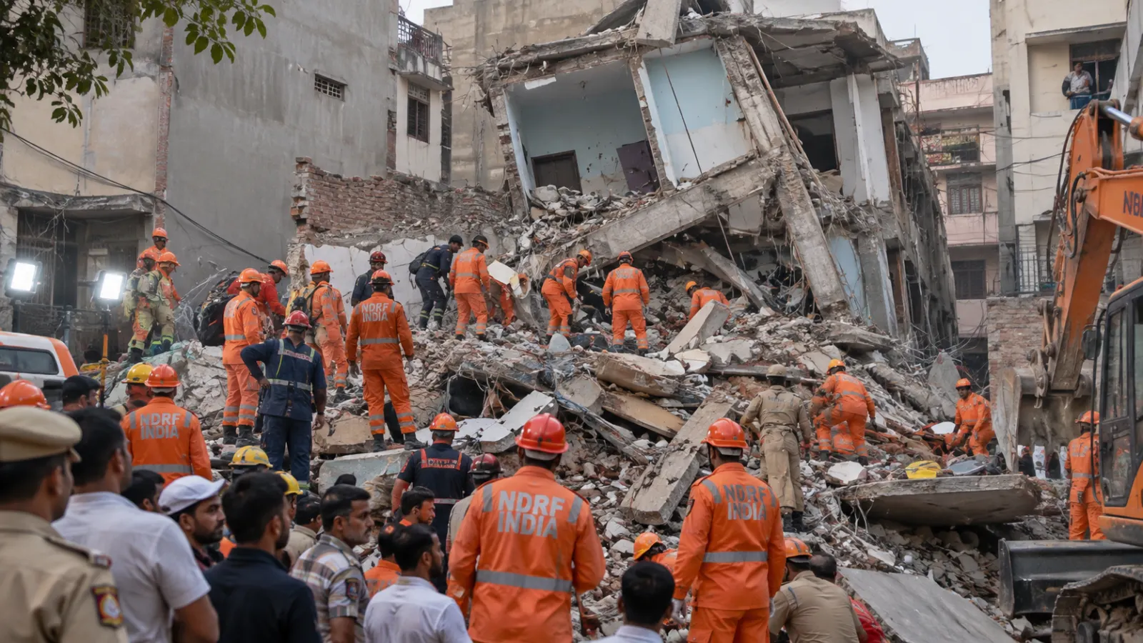 NDRF and emergency personnel search debris after a deadly building collapse in New Seemapuri, Delhi, that killed at least five people.