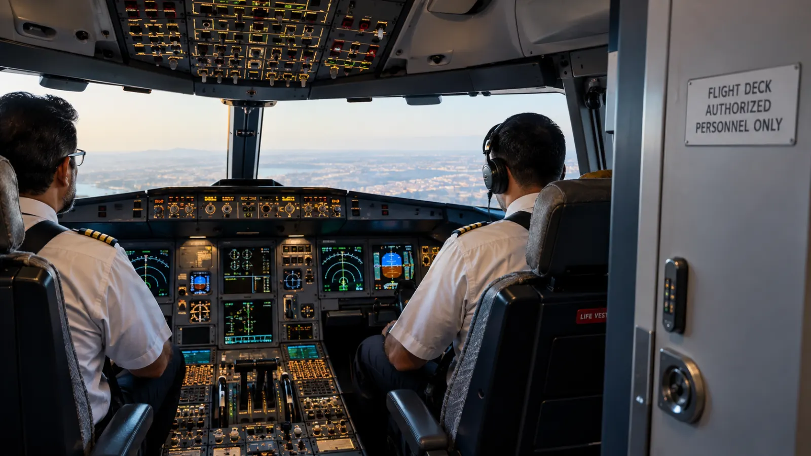 Commercial aircraft cockpit and secured flight-deck entrance illustrate the aviation-security questions raised by the Flydubai cockpit attack.
