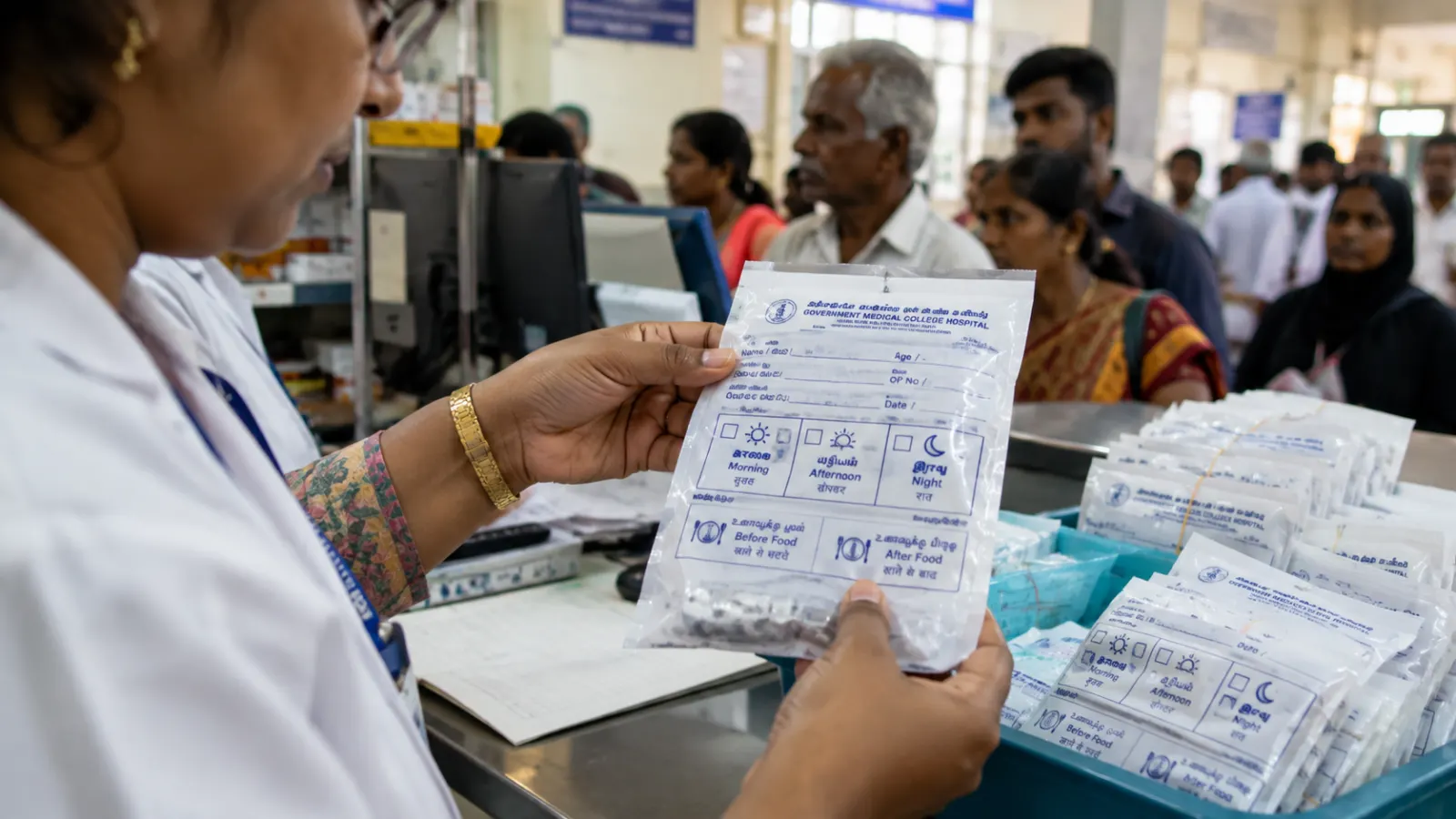 Government hospital medicine covers printed in Tamil, English and Hindi that triggered a language-policy controversy in Tamil Nadu.