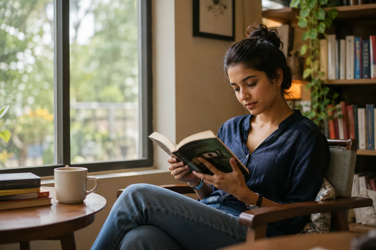 Young professional reading during a regular part of the day