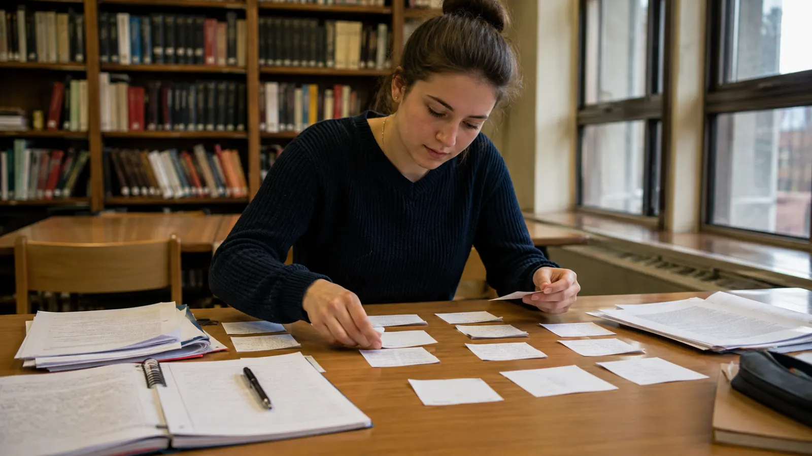 Student arranging essay ideas into a logical sequence before drafting