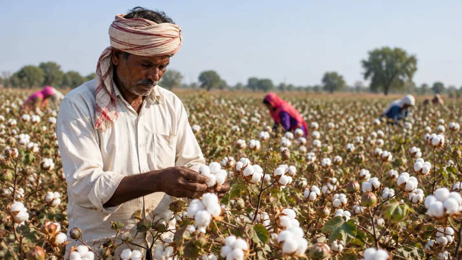 Indian cotton farmer inspecting a field as a study finds illegal HTBt cotton may cover up to 30% of India’s total cotton acreage.