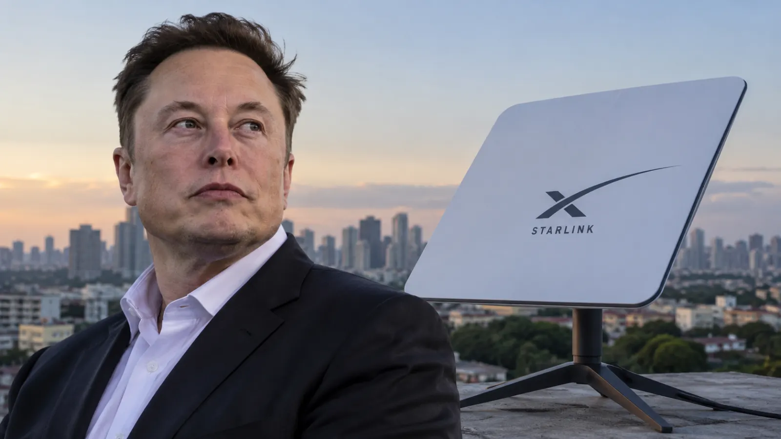 Elon Musk and a Starlink satellite internet terminal as India rejects allegations of bias over the delayed Starlink India launch.