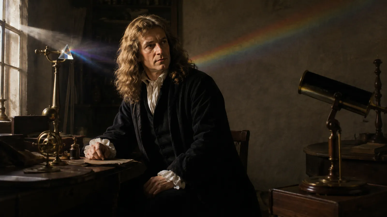 Isaac Newton with scientific instruments and the Principia, the work that established classical mechanics and universal gravitation