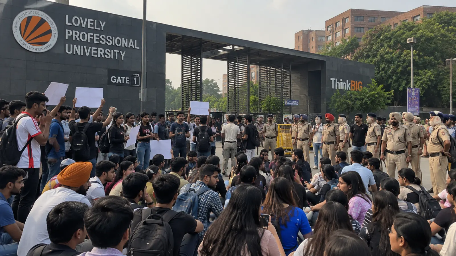Students gather near a university campus entrance during the LPU protest in Phagwara as police personnel monitor the situation.
