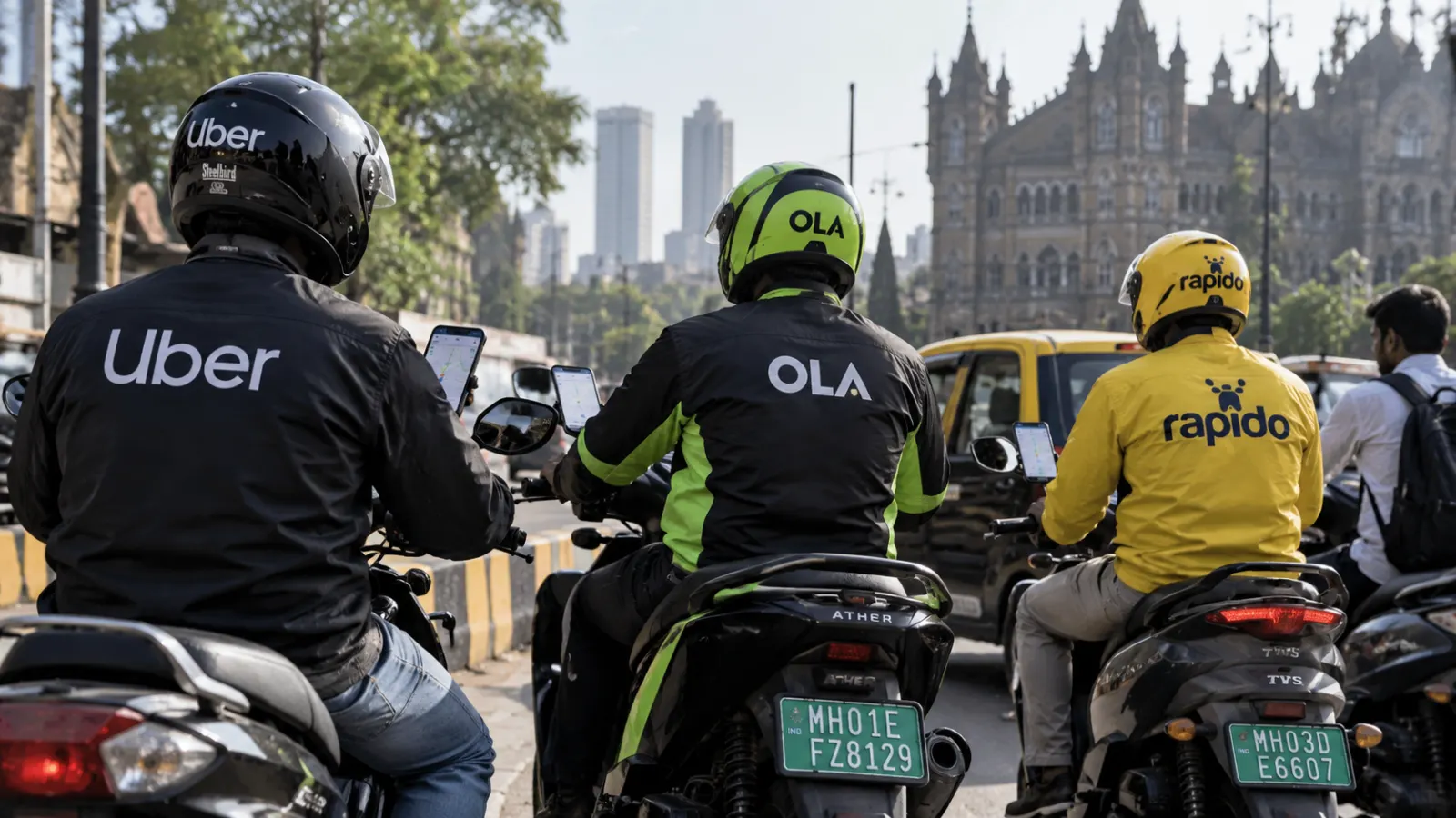 Electric bike taxis used by ride-hailing platforms in Maharashtra illustrate the state’s July 2027 EV-only bike-taxi requirement.