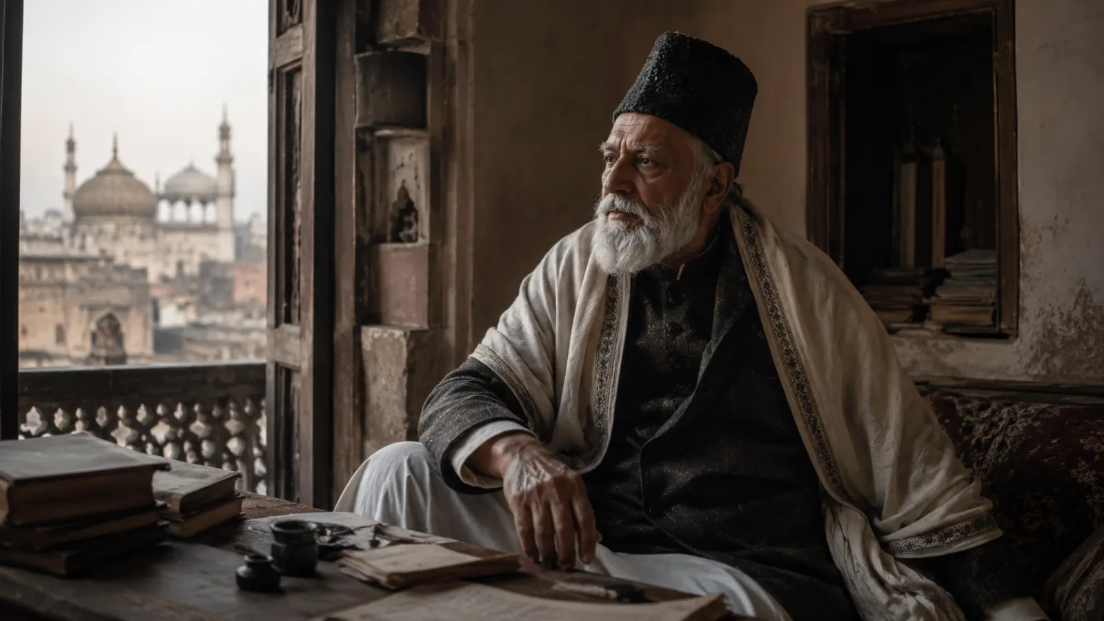 Mirza Ghalib in a nineteenth-century portrait associated with the literary culture of late Mughal Delhi