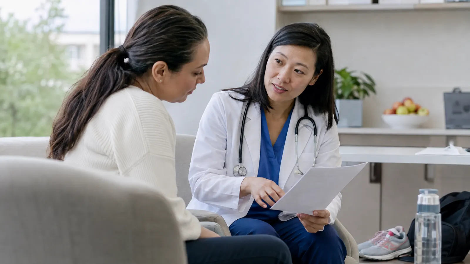 Patient and clinician discussing a prediabetes blood test result during a routine visit