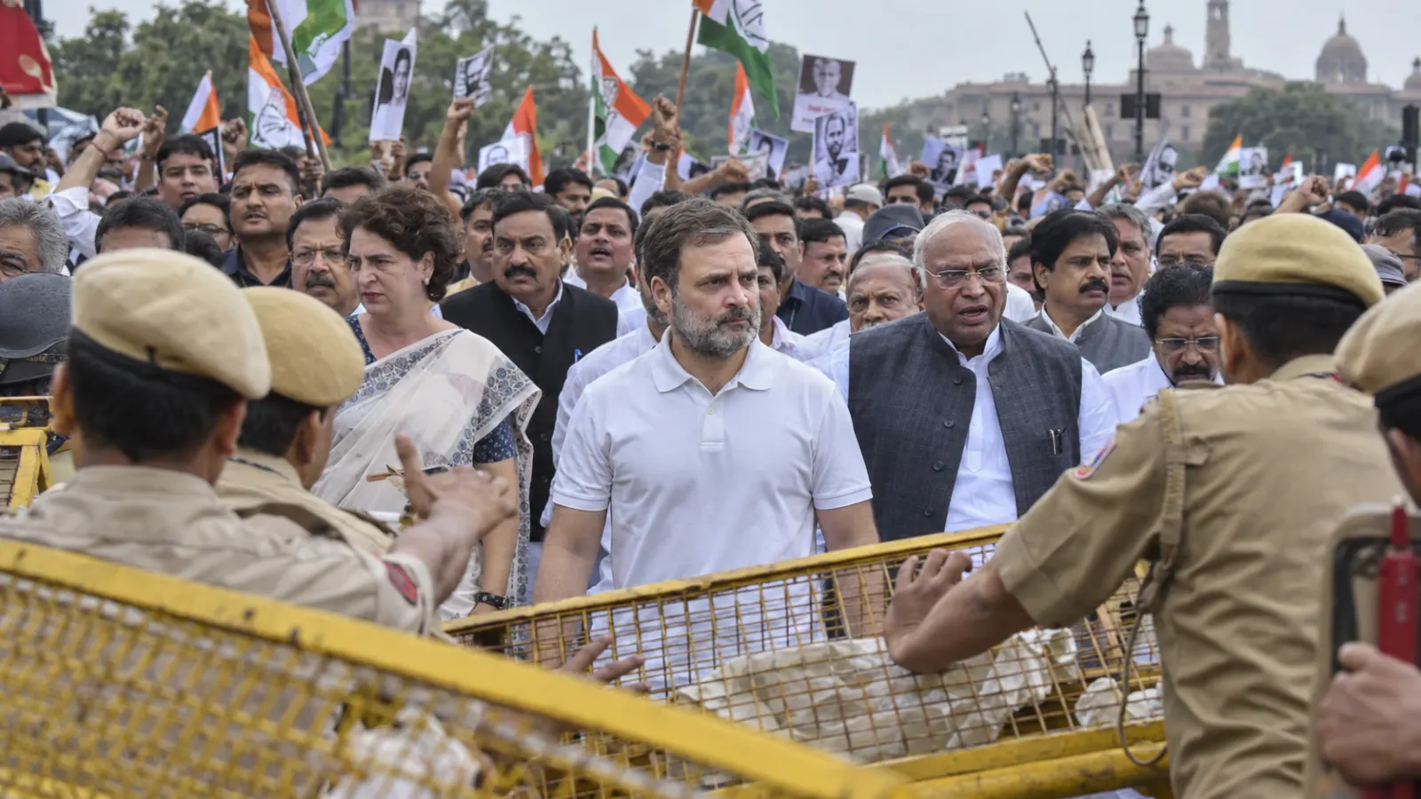 Rahul Gandhi and INDIA bloc leaders during the Supreme Court march in Delhi over the SIR electoral-roll controversy.