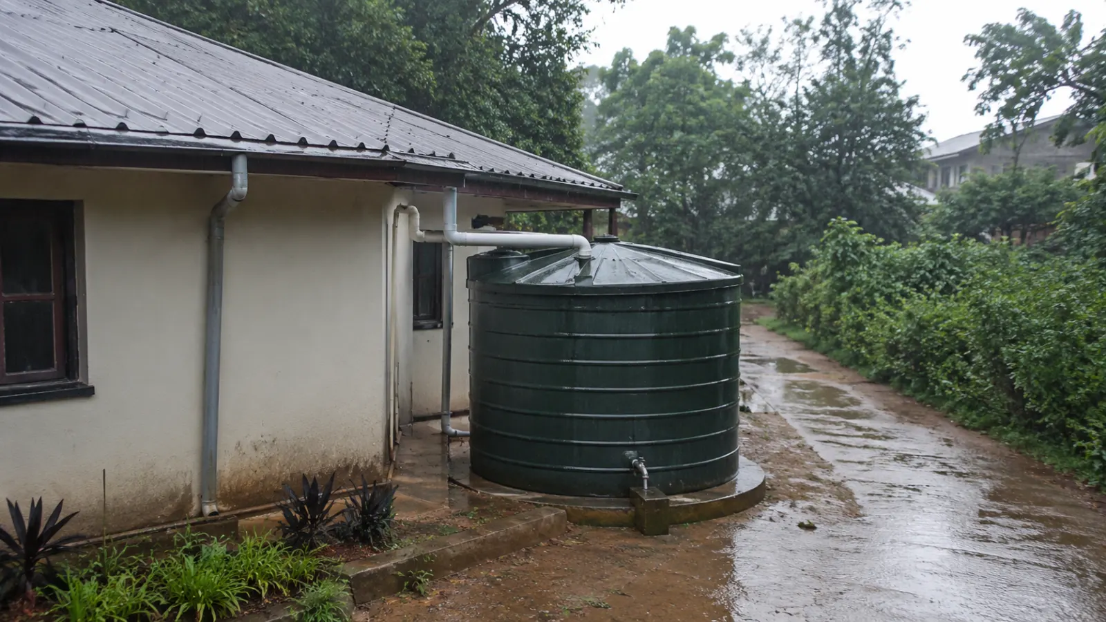 Rainwater from a roof being collected through gutters into a covered storage tank.