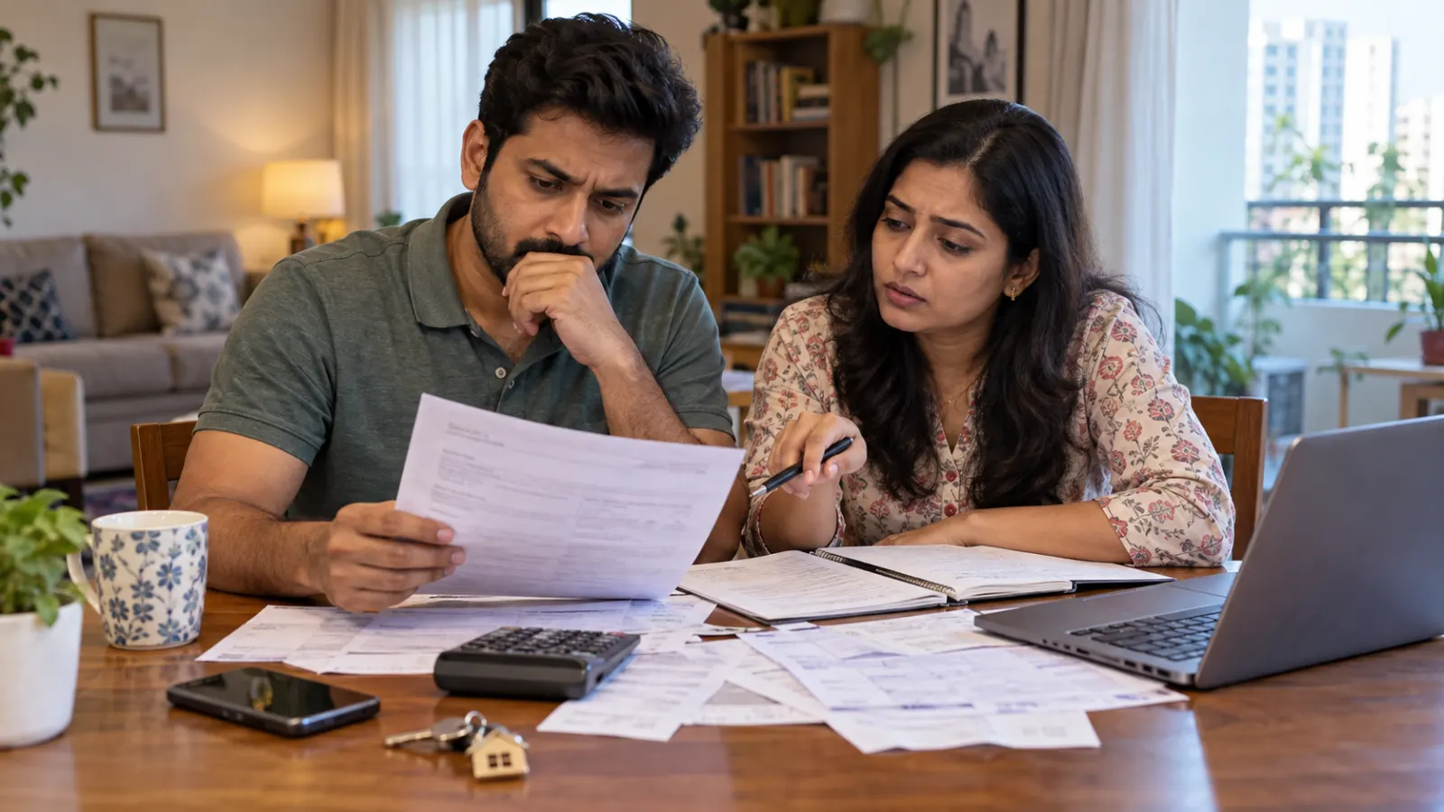 Indian home-loan borrower reviewing mortgage payments after the RBI raised the repo rate to 5.50%, increasing the risk of higher EMIs.