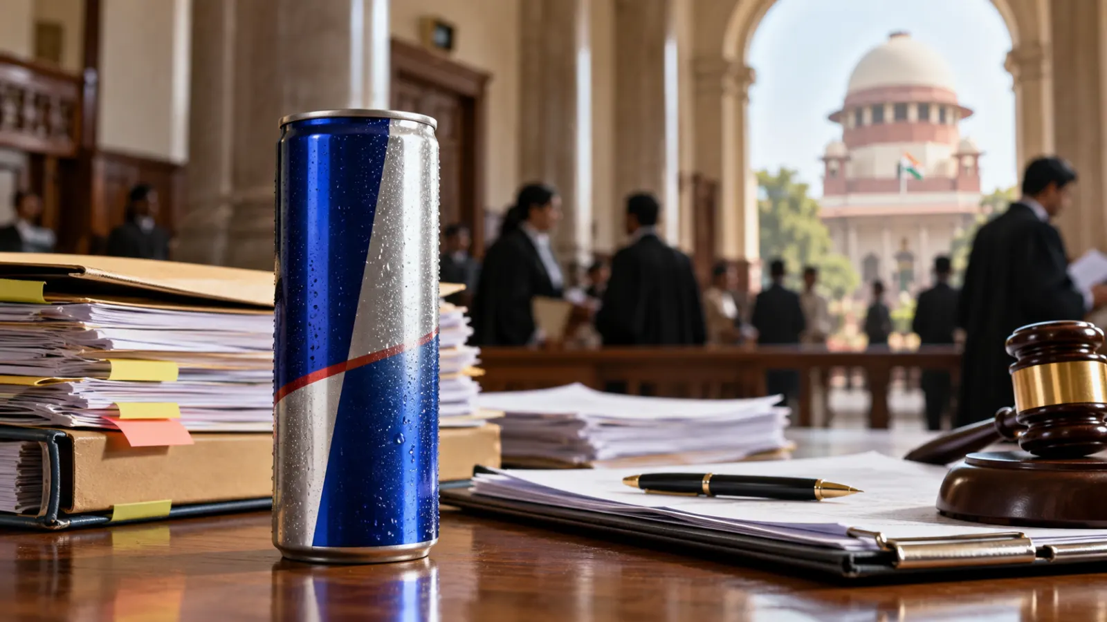 An energy drink can beside legal documents illustrates the Red Bull FSSAI case over use of the “Energy Drink” label in India.