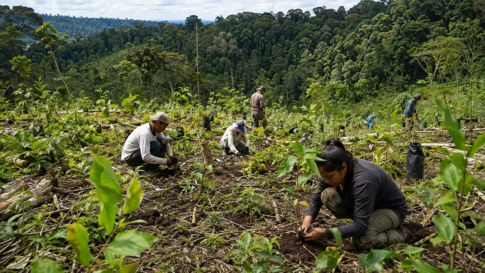 Young native trees and natural regrowth restoring a previously degraded forest landscape.