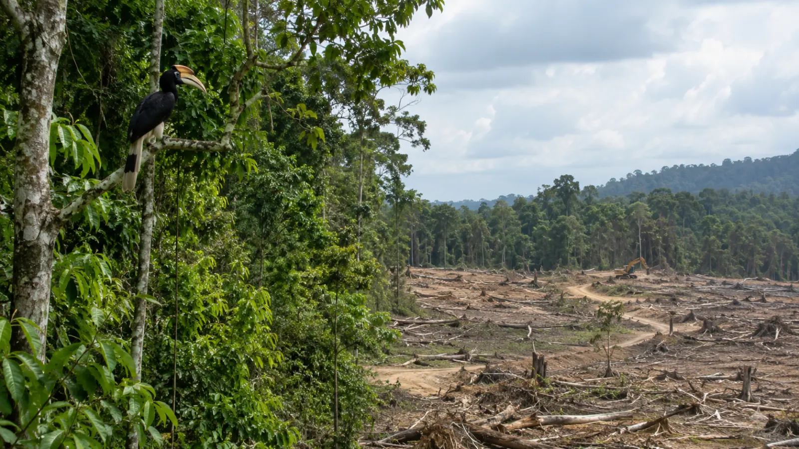 Fossil evidence and a fragmented modern habitat illustrating past and present species loss.