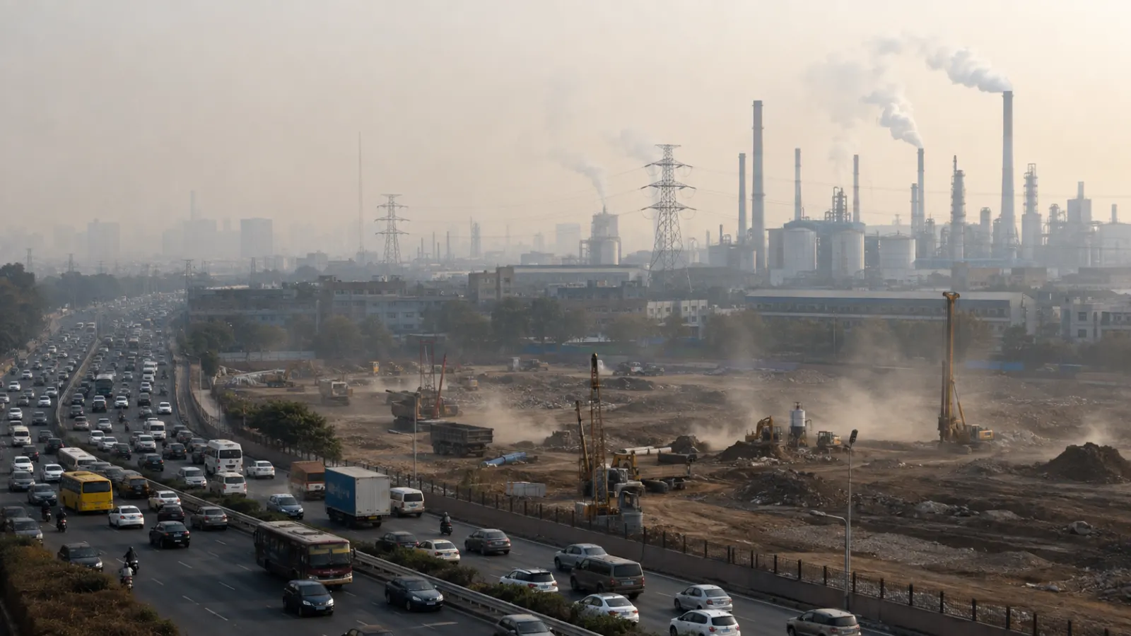 Traffic, homes and industrial activity contributing to air pollution across an urban region.