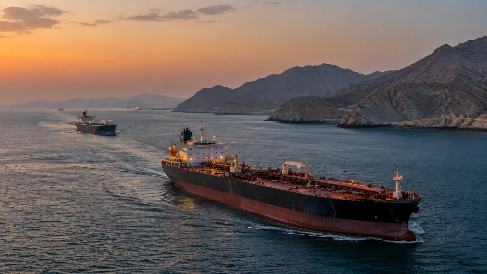Oil tanker sailing through the Strait of Hormuz as shipping traffic falls sharply following a surge in attacks on commercial vessels.