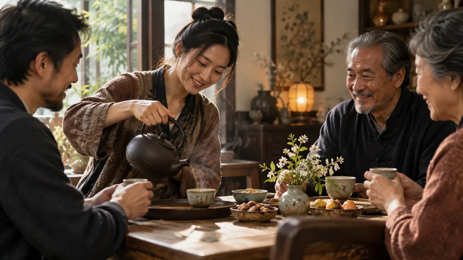 Host pouring tea for guests during a traditional social gathering.
