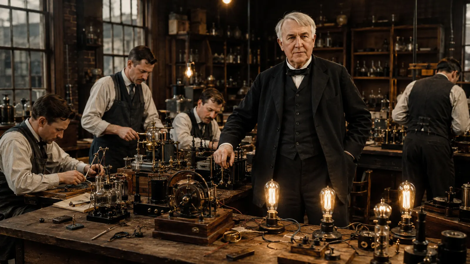 Thomas Edison working in an industrial research laboratory with electrical and mechanical apparatus