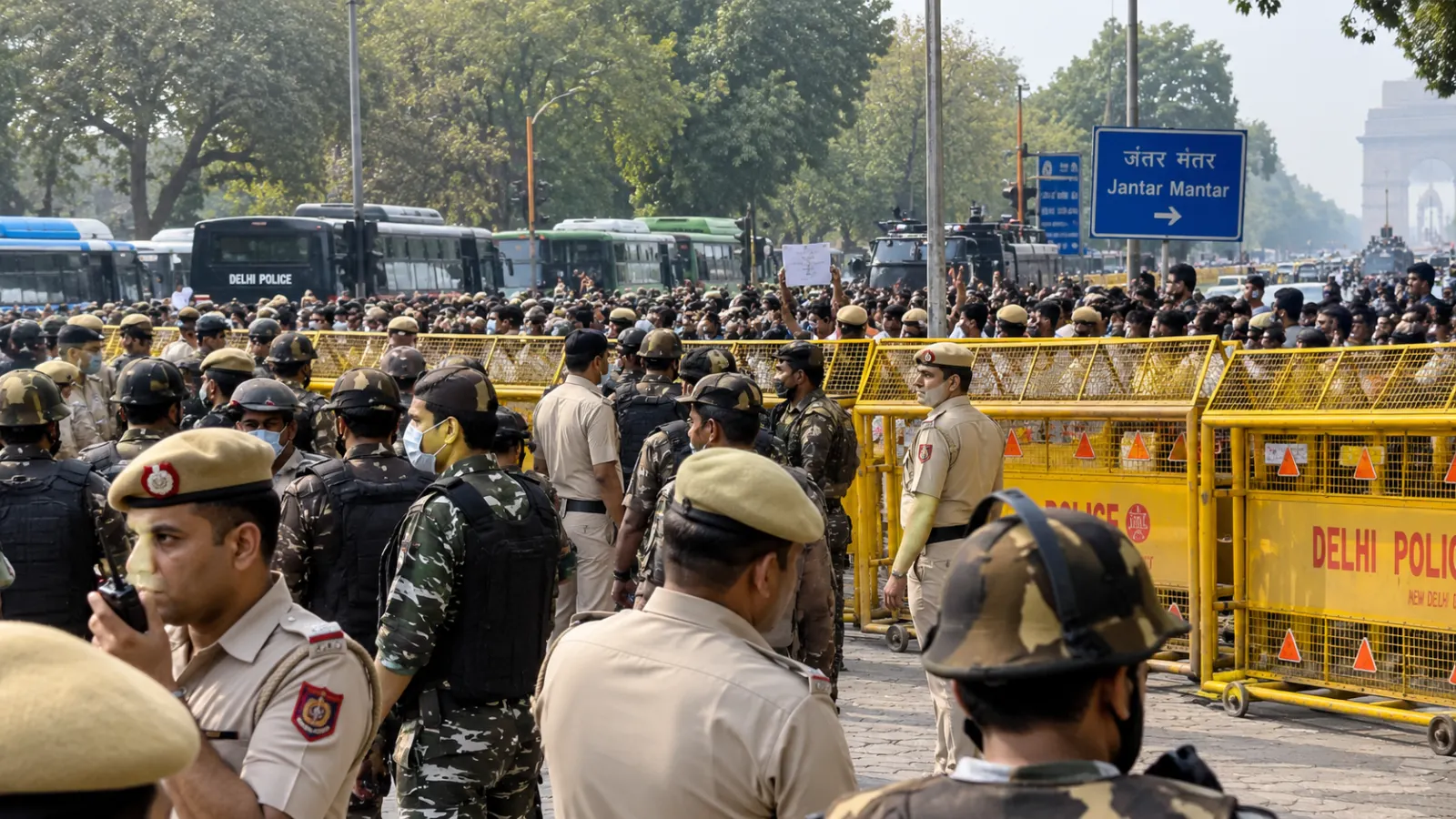 Security personnel deployed during the Delhi CJP protest near Jantar Mantar on October 10, 2026.