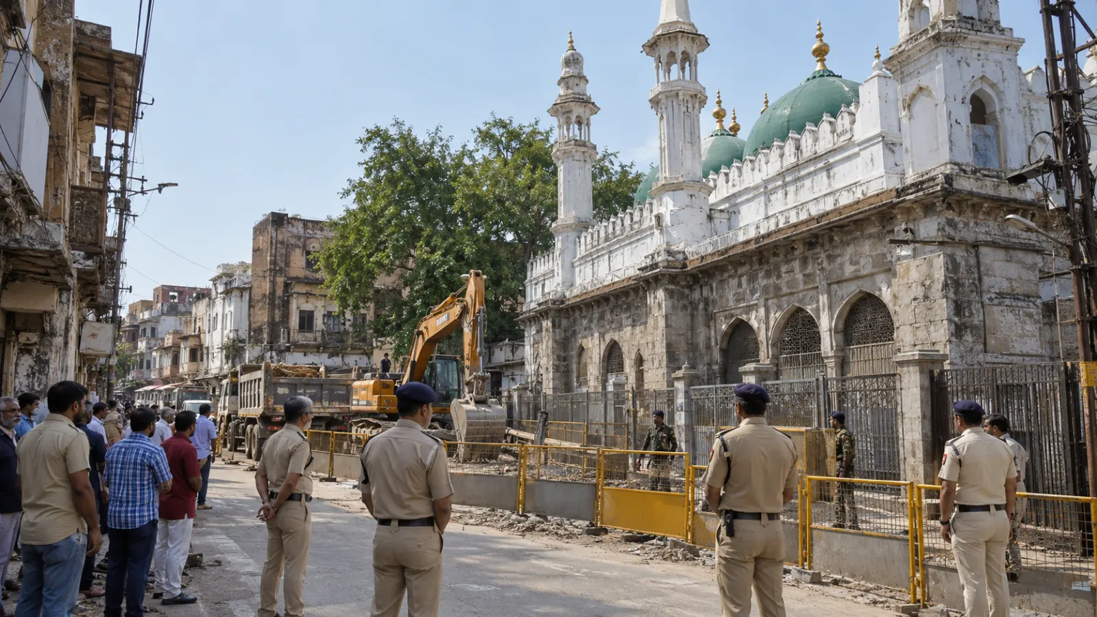 Police and municipal workers stand near Ujjain’s Shahi Masjid during road-widening work linked to preparations for Simhastha 2028.