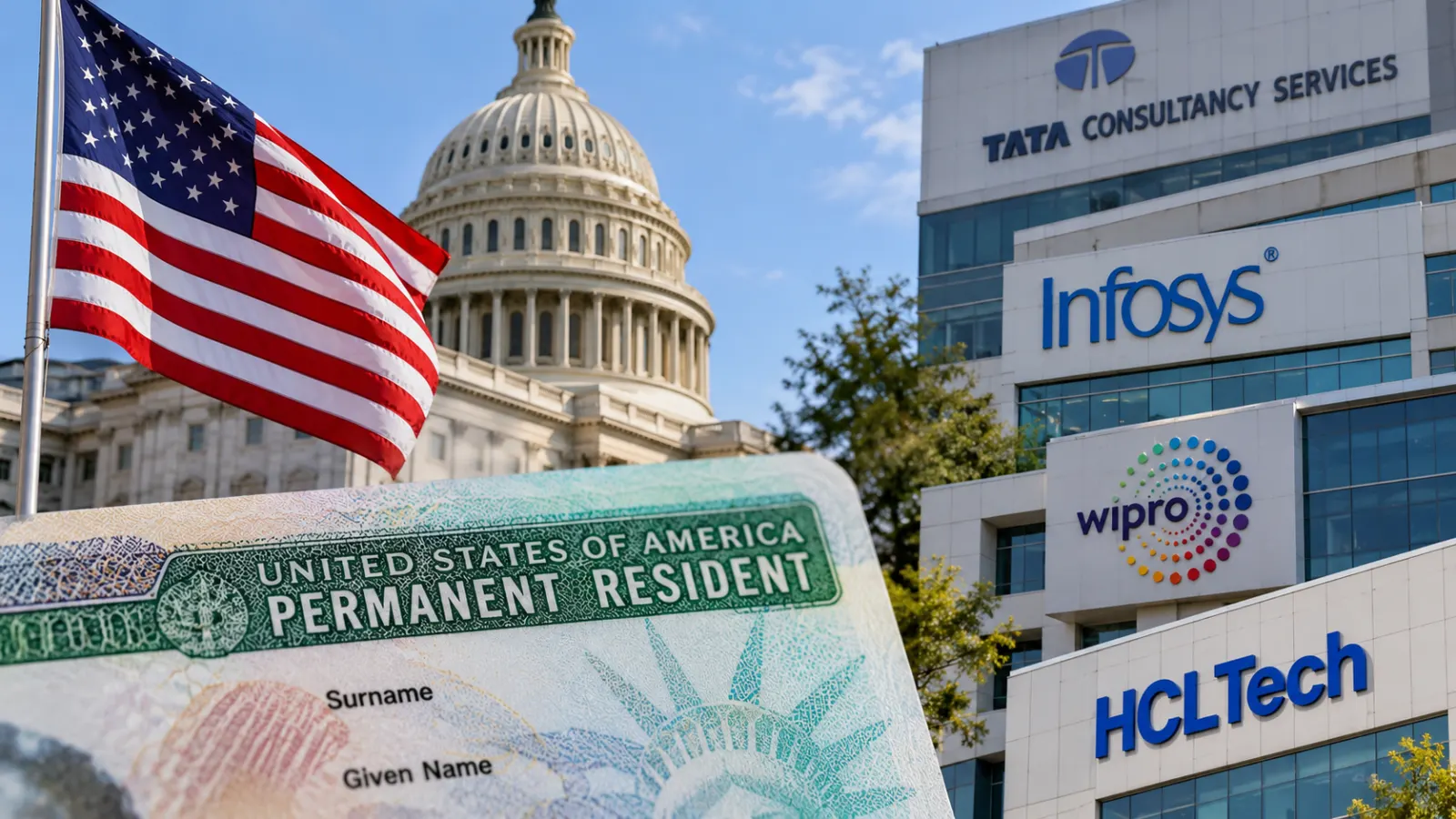 TCS office and US immigration imagery illustrating the PERM green card suspension affecting major technology companies.
