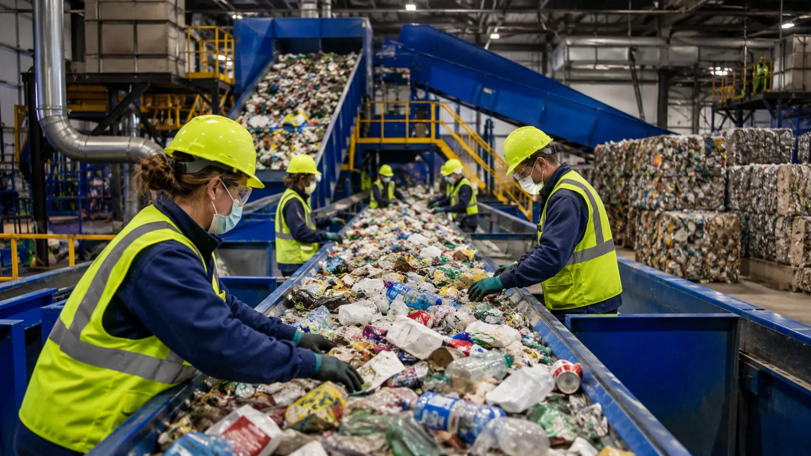 Workers and machinery sorting municipal waste into different material streams at a waste facility.