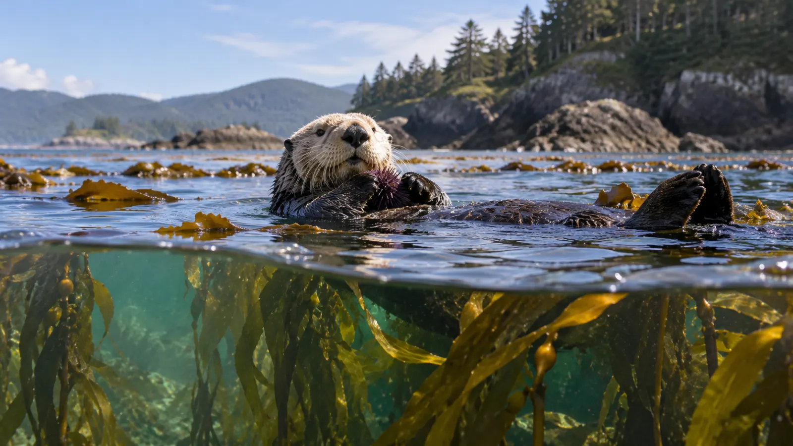 An ochre sea star among mussels and other organisms in a rocky intertidal ecosystem.