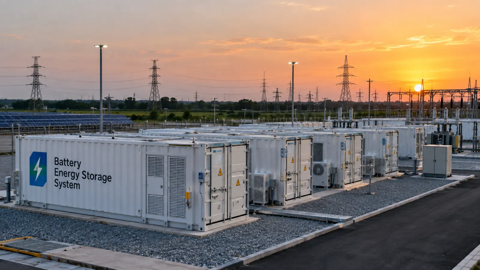 A large battery energy storage facility connected to the power grid illustrates how BESS stores renewable electricity for later use.