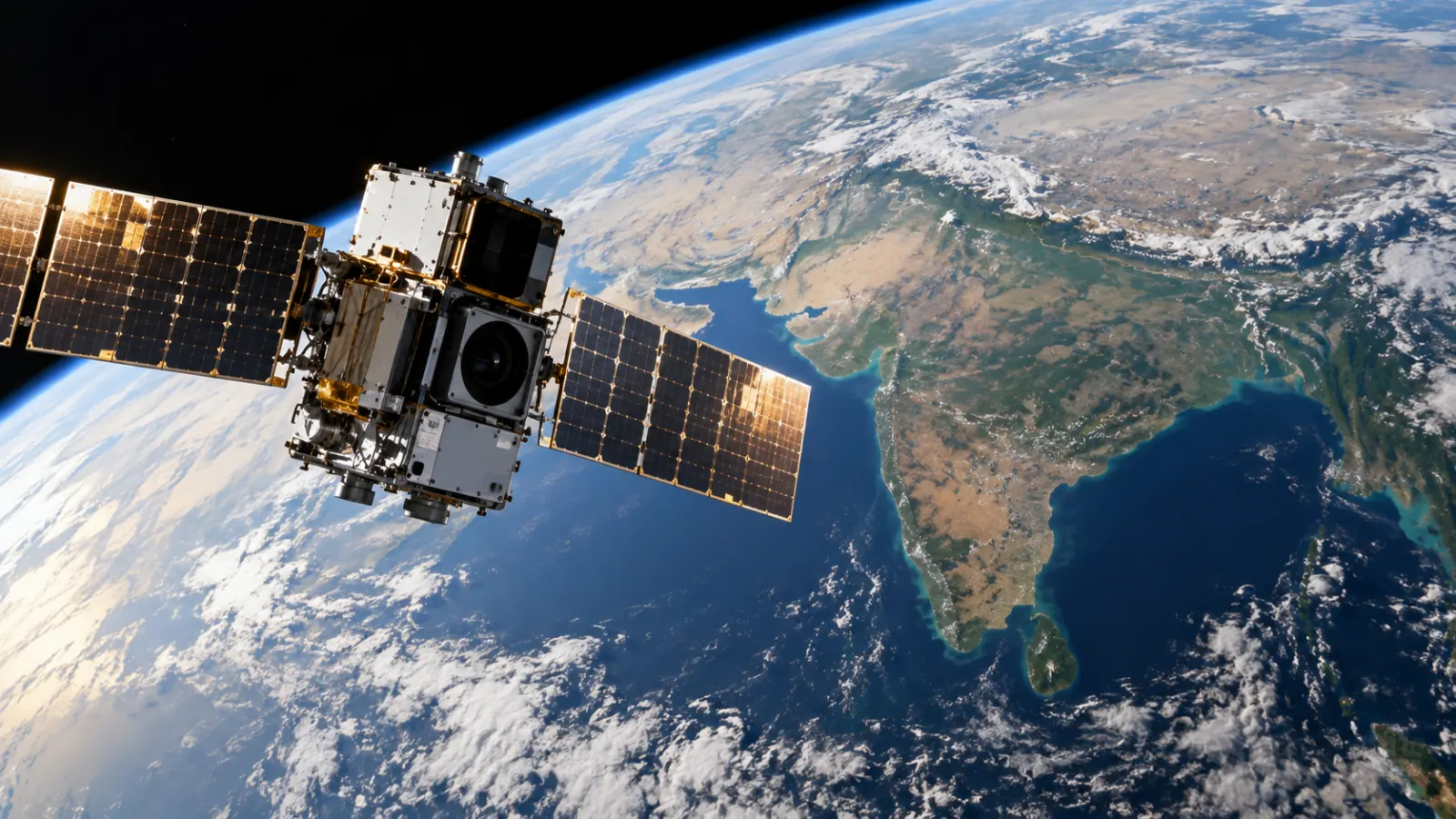 A small orbital-computing satellite processes Earth-observation data above India before transmitting selected results to the ground.
