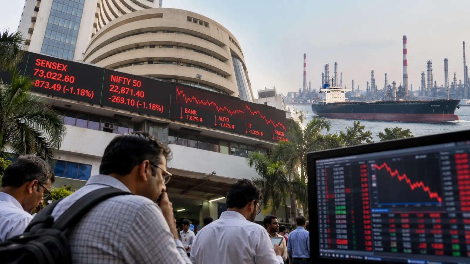 Indian investors watch falling market screens as rising crude-oil prices pressure the Sensex, Nifty and broader stock market.