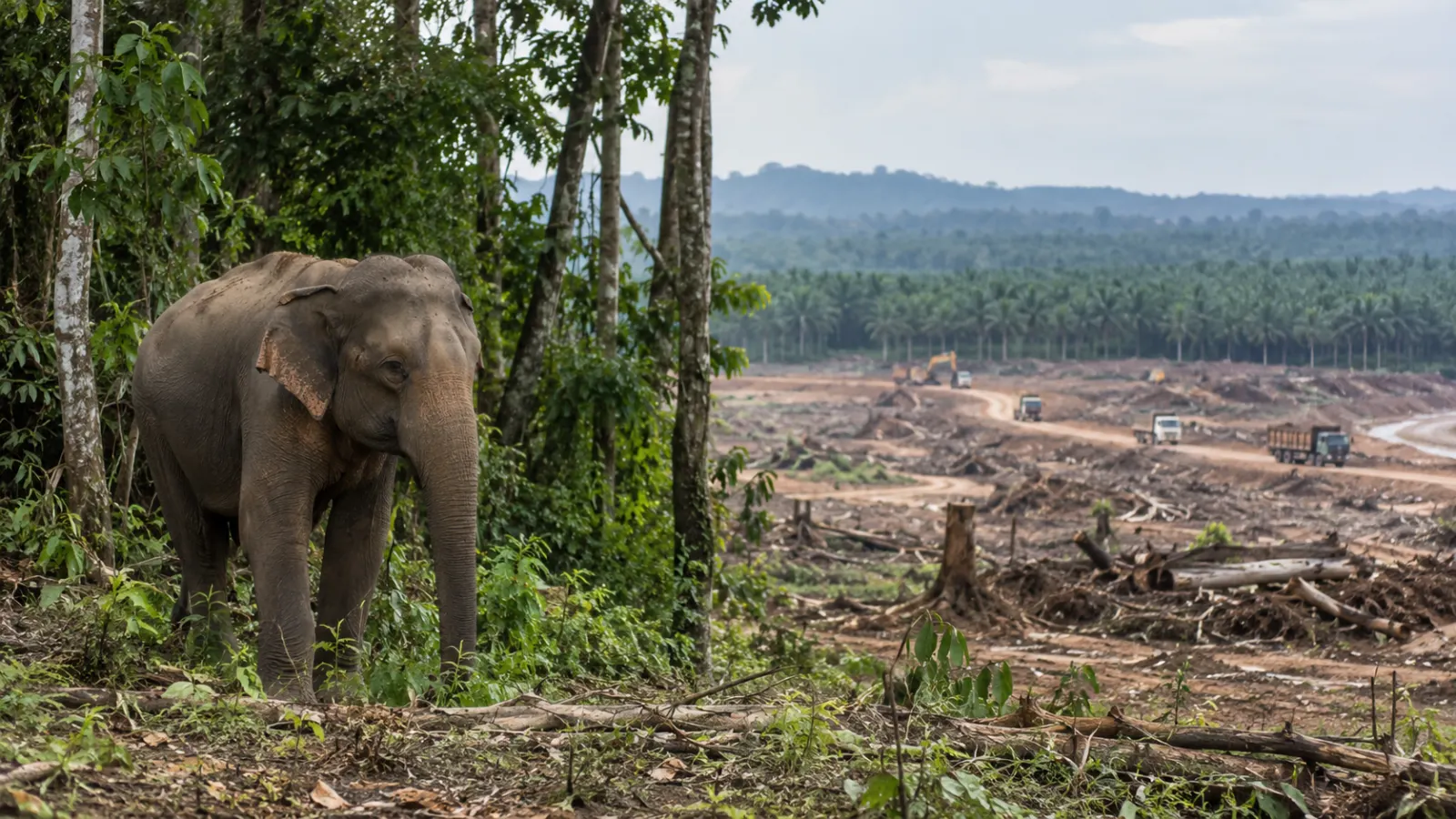 Asian elephant standing at the edge of fragmented forest habitat beside cleared land and heavy machinery, illustrating habitat loss and extinction risk.